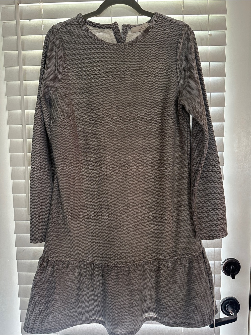 LOFT Grey Chevron Long-Sleeve Ruffle-Hem Dress
